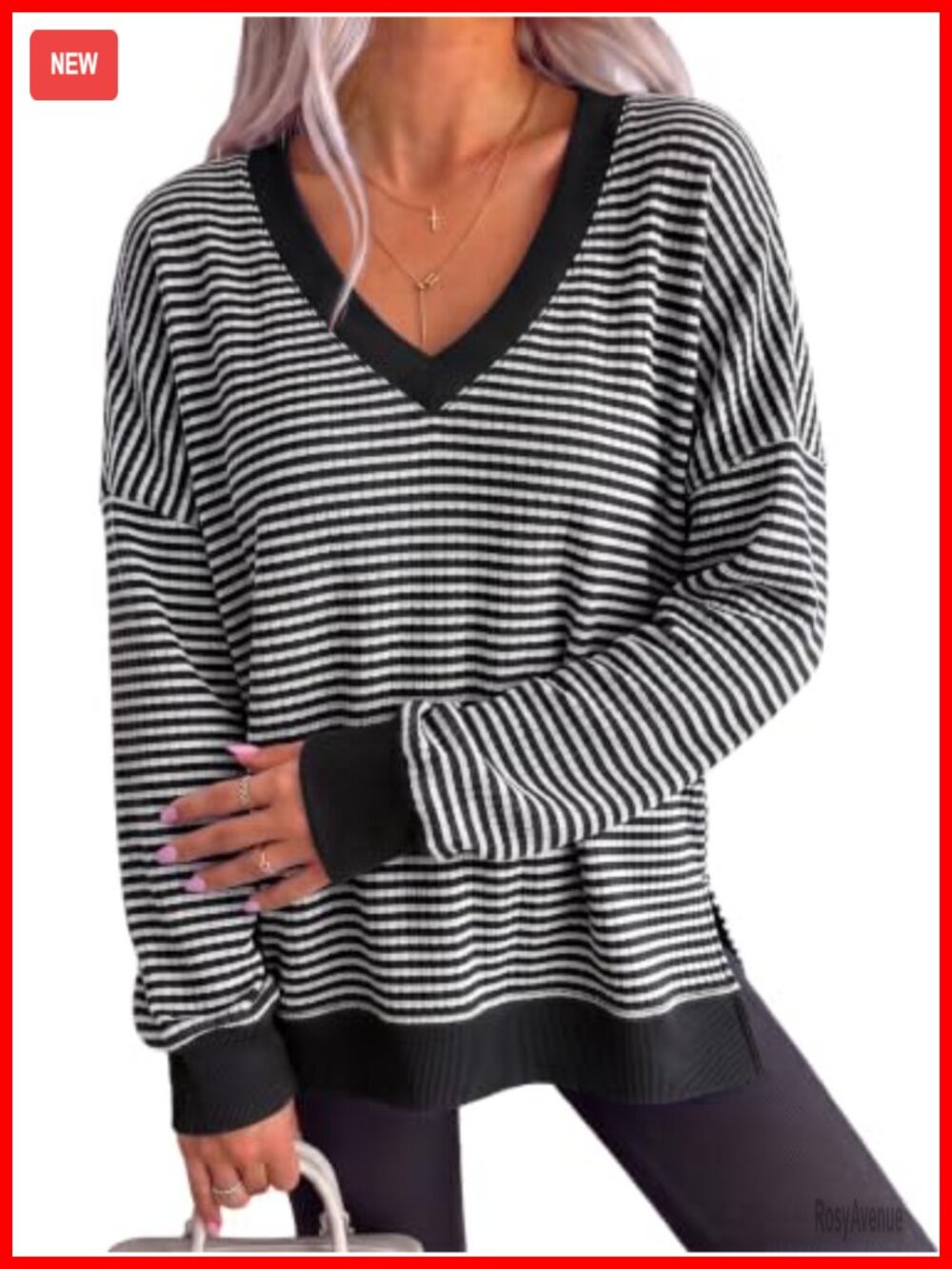 Waffle Knit Oversized V Neck Side Split Tunic Sweatshirt